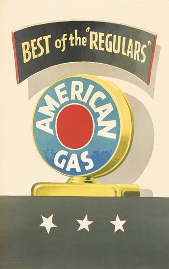 LUCIAN BERNHARD (1883-1972). BEST OF THE REGULARS / AMERICAN GAS. Circa 1950. 42x26 inches, 107x67 cm.